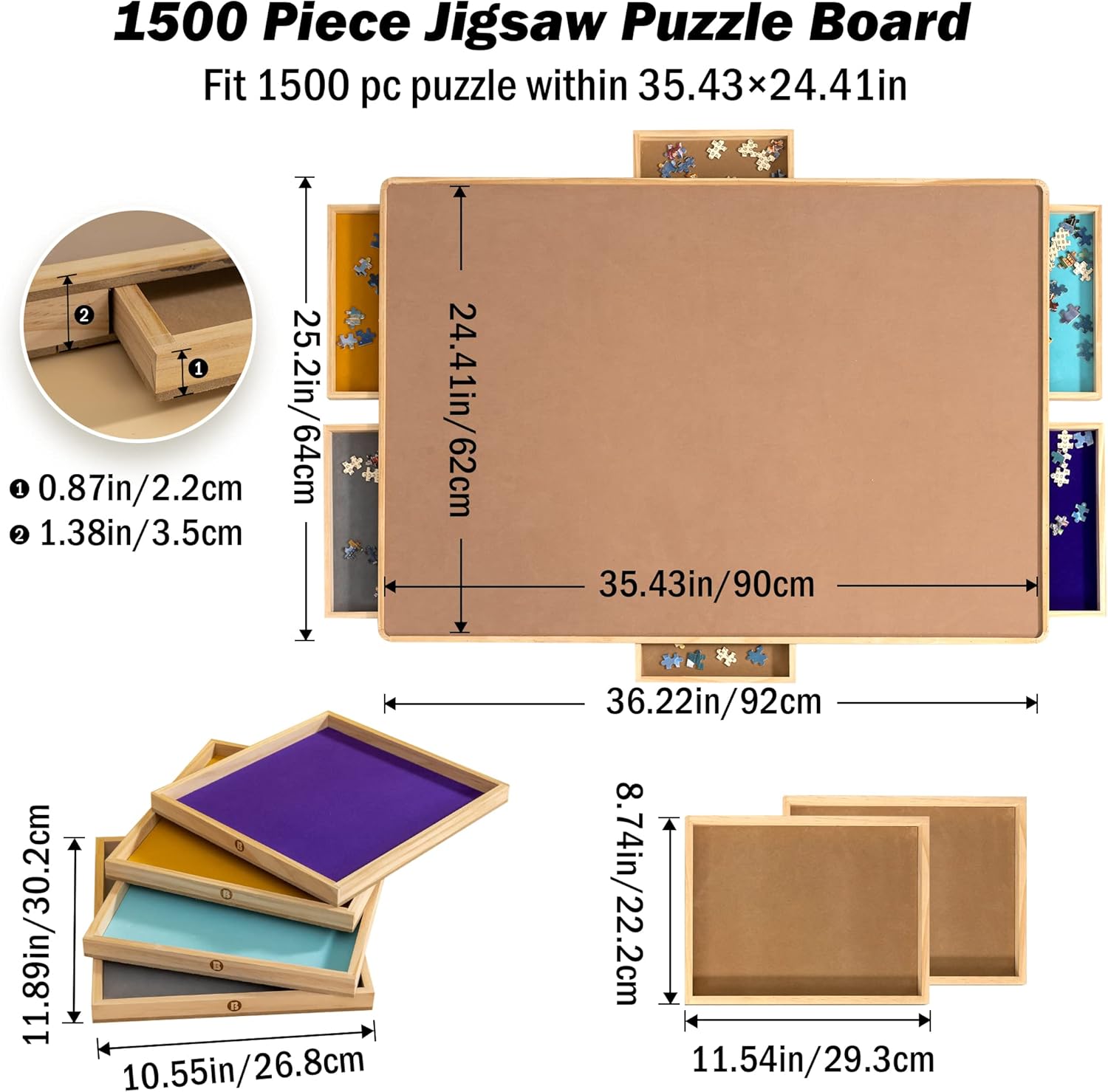 Plateau de puzzle en bois de 1500 pièces avec couvercle et 6 tiroirs à ouverture/fermeture par simple pression (35,43 × 24,41 pouces)
