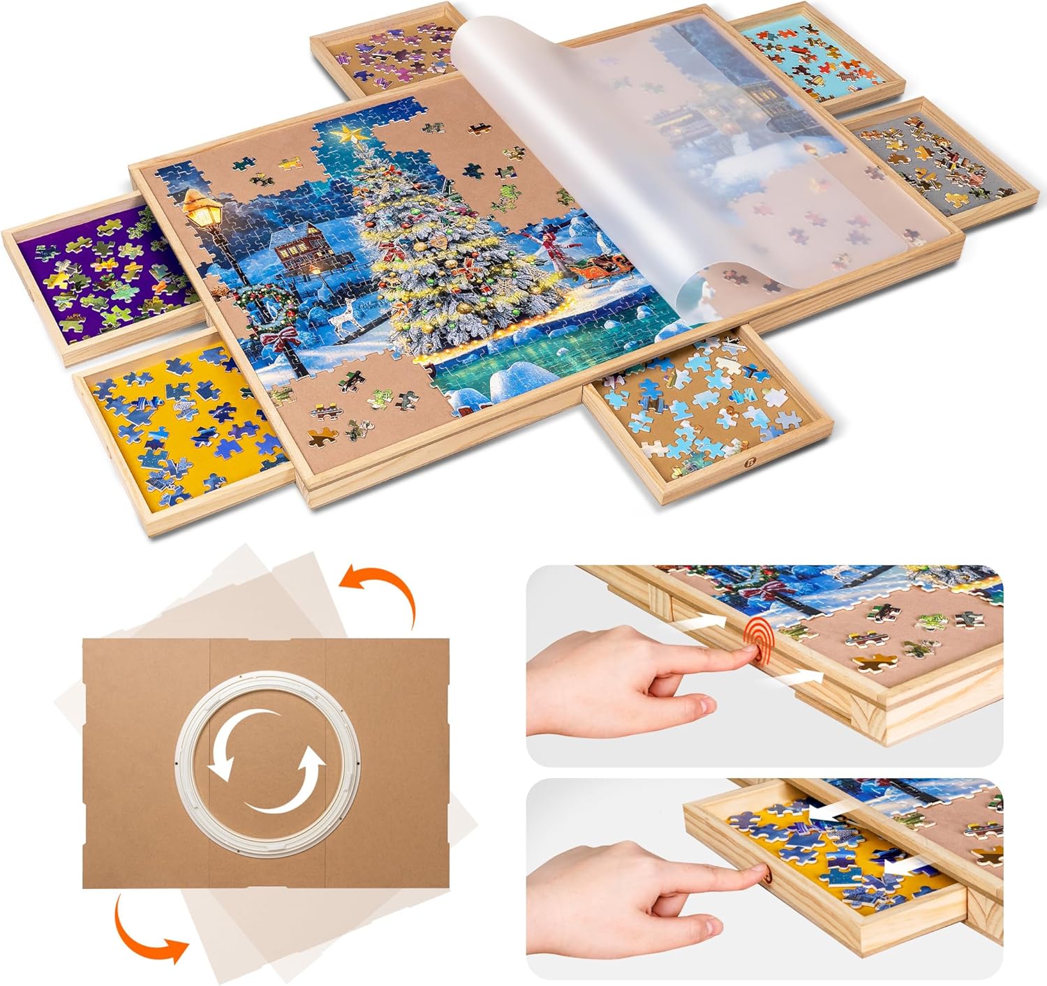 Table de puzzle en bois rotatif avec 6 tiroirs (30,7 x 20,9 ")