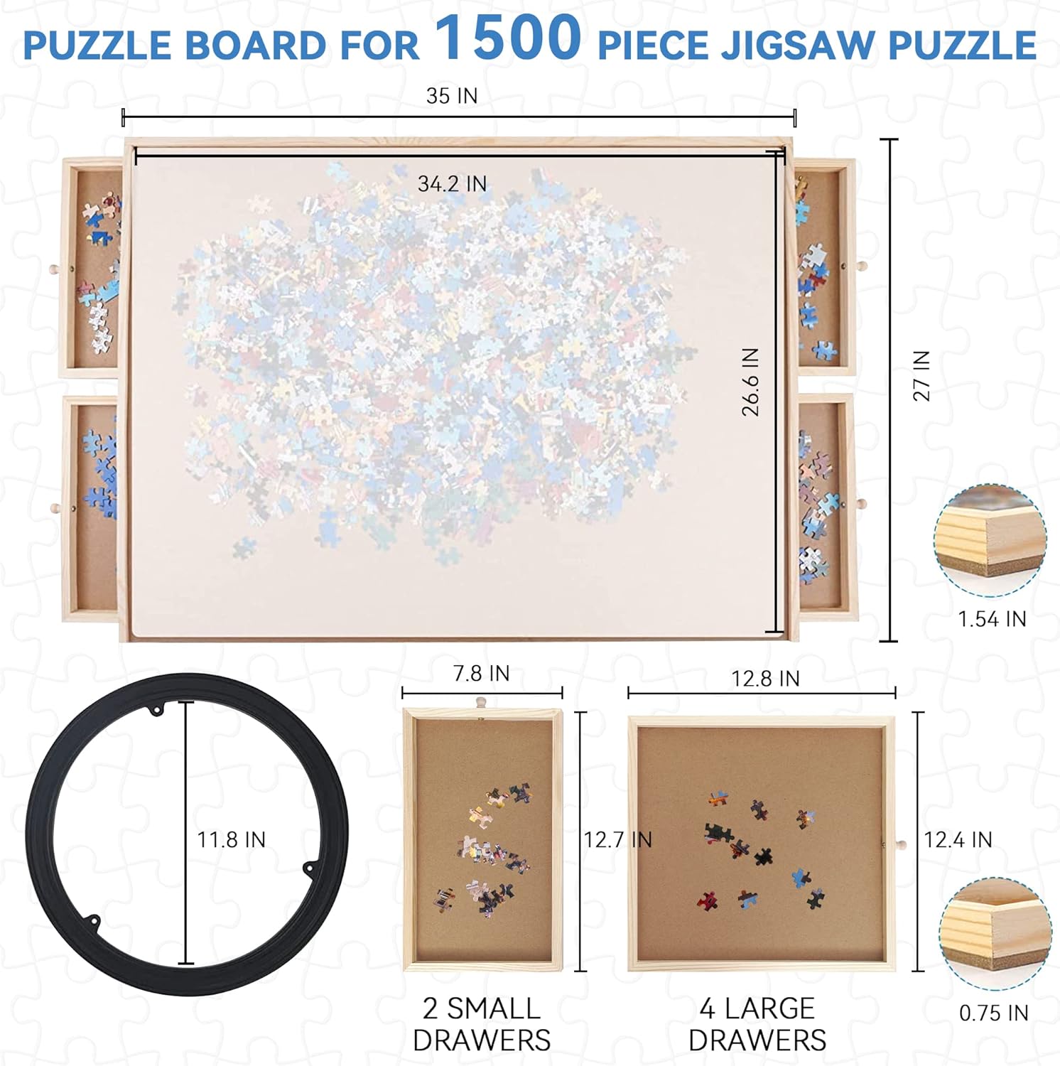 Lazy Susan Wood Puzzle Table with 6 drawers (35 x 27)