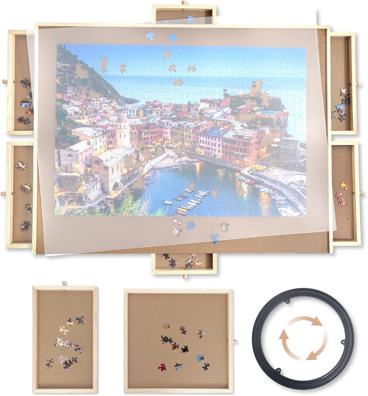 Lazy Susan Wood Puzzle Table with 6 drawers (35 x 27)