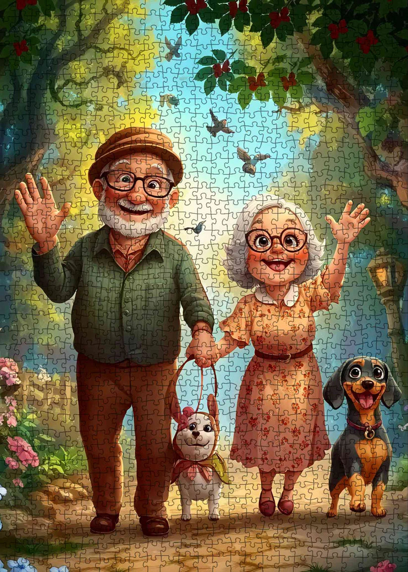 Playful Seniors - Elderly Couple Walking Dogs (1000pcs)