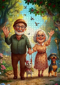 Playful Seniors - Elderly Couple Walking Dogs (1000pcs)