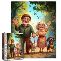 Playful Seniors - Elderly Couple Walking Dogs (1000pcs)