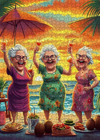 Playful Seniors - Elderly Friends Celebrating Sunset on Beach (1000pcs)