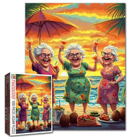 Playful Seniors - Elderly Friends Celebrating Sunset on Beach (1000pcs)