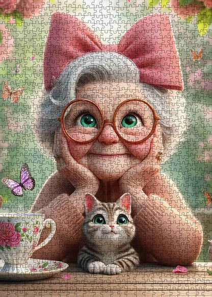 Playful Seniors - Grandma with Pink Bow and Kitten (1000pcs)