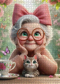 DMG Seniors enjoués - Grand-mère avec nœud rose et chaton (1000 pièces) (BOÎTE ENDOMMAGÉE)