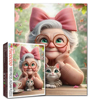 DMG Seniors enjoués - Grand-mère avec nœud rose et chaton (1000 pièces) (BOÎTE ENDOMMAGÉE)