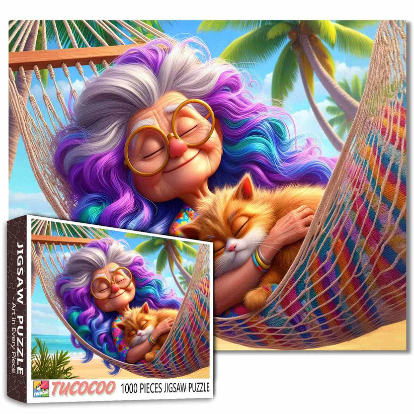 Playful Seniors - Grandma and Cat Hammock (1000pcs)
