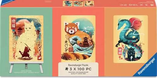 Ravensburger Lot de 3 puzzles (3 x 100 pièces) Chat guerrier, panda roux et dragon et chevalet