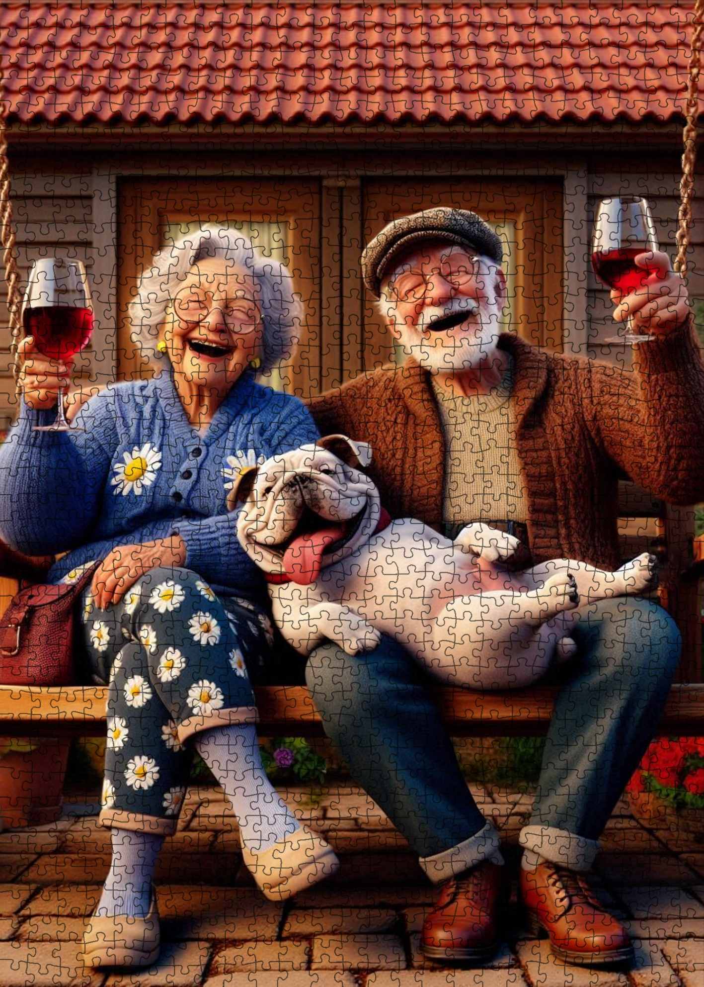 Playful Seniors - Joyful Elderly Couple with Dog (1000pcs)
