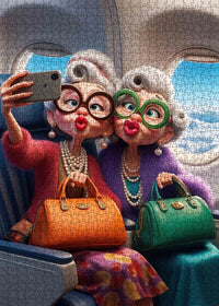 Playful Seniors - Stylish Grandmothers Taking Airplane Selfie (1000pcs)