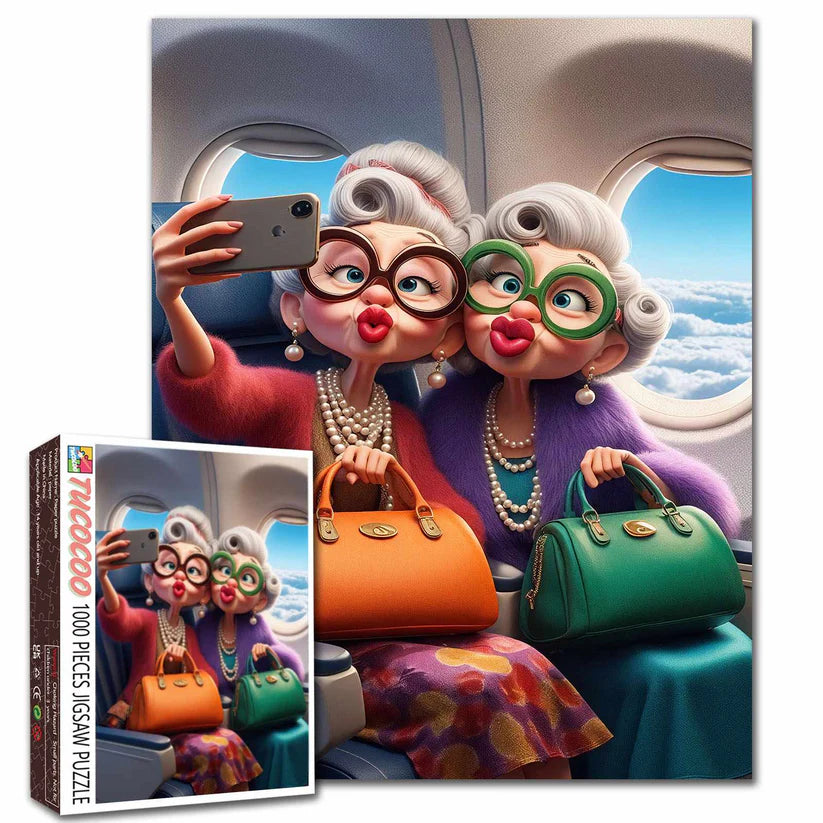 Playful Seniors - Stylish Grandmothers Taking Airplane Selfie (1000pcs)