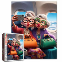 Playful Seniors - Stylish Grandmothers Taking Airplane Selfie (1000pcs)
