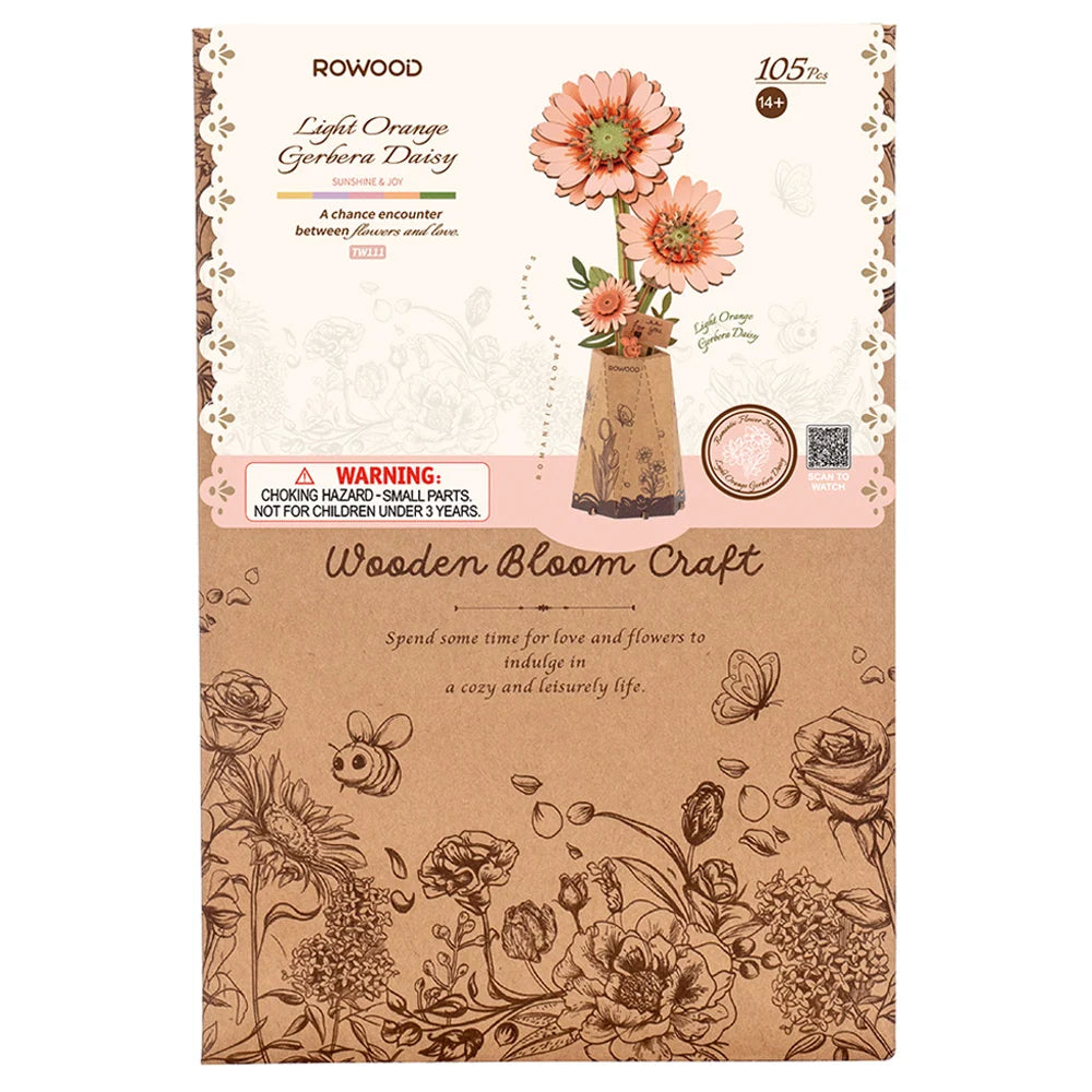 3D Wood Light Orange Gerbera Daisy - Sunshine & Joy (105pcs)