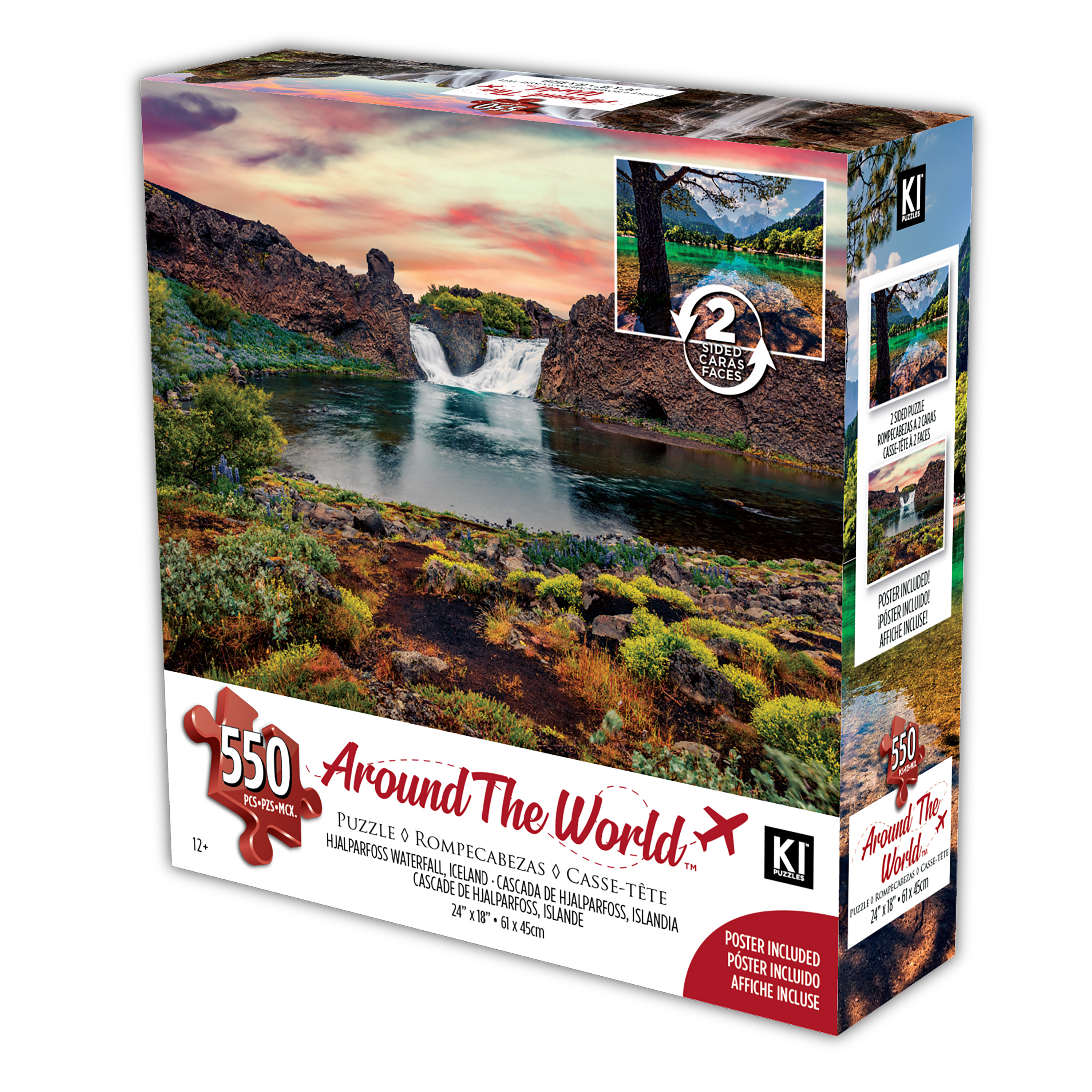 PFG Autour du monde (recto-verso) - Parc national de Triglav, Slovénie - Cascade de Hjalparfoss, Islande (550 pièces) (Utilisation - PUZZLES FOR GOOD)
