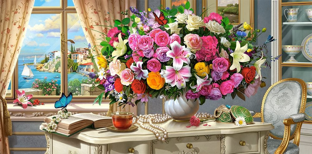 Fleurs d'été et tasse de thé